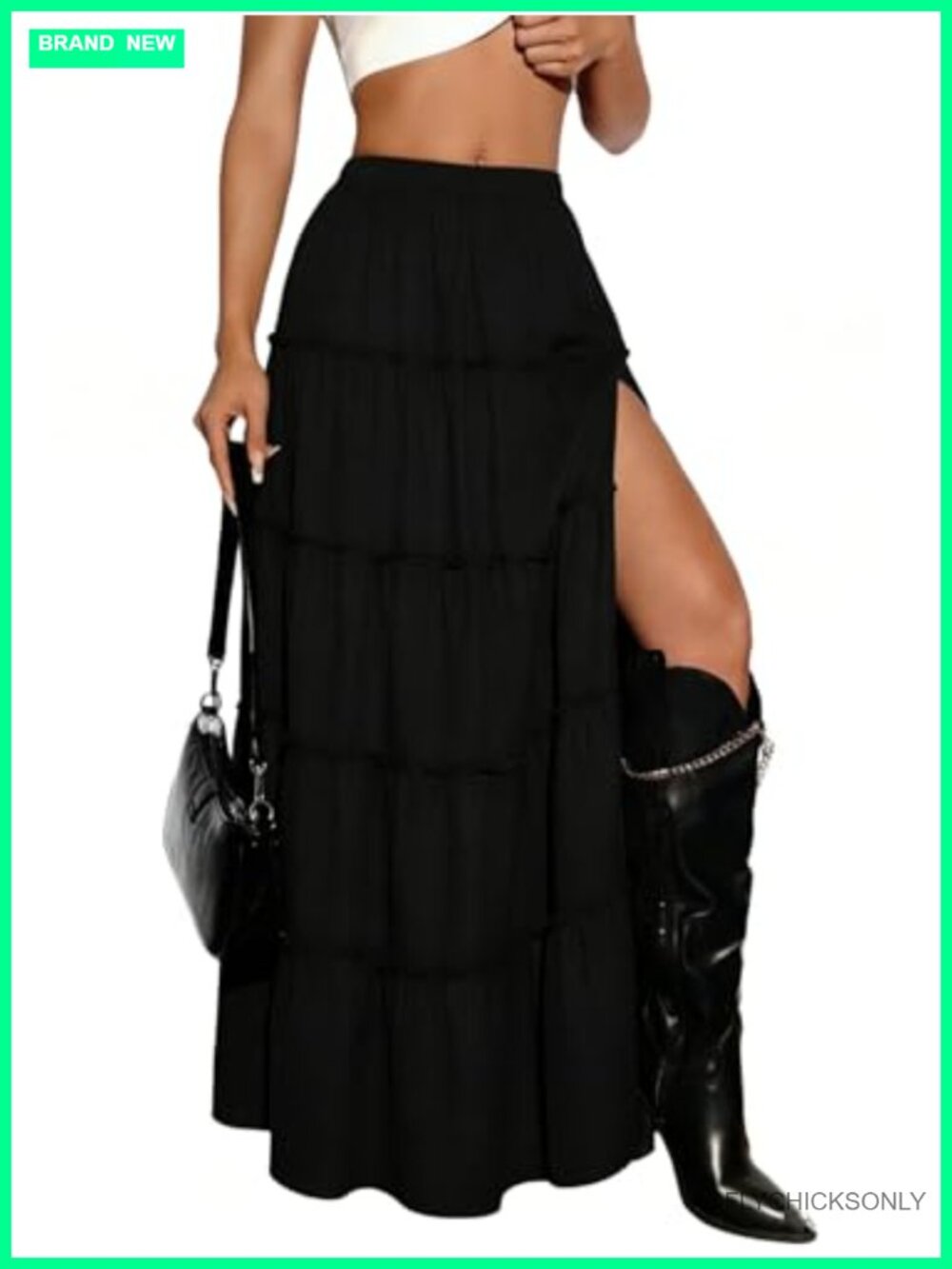 Plaid Maxi Skirt High Slit A-Line Tiered Ruffle Hem Y2K Flowy Long Skirt